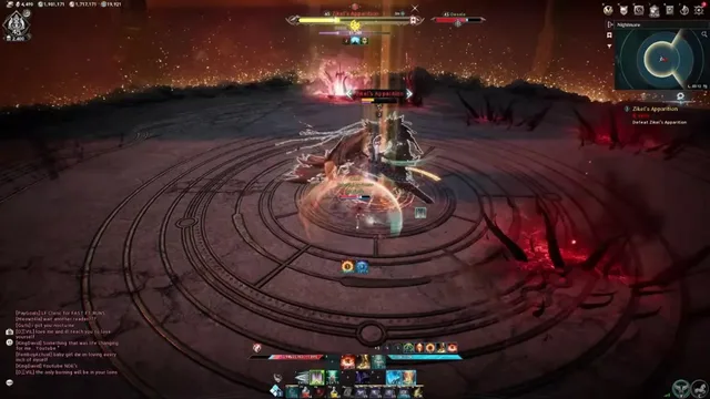 Aion2 Cheats gameplay: player fighting Zikel's Apparition amid orange embers in the Nightmare arena