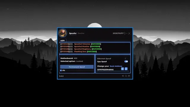 Console-style log inside the spoofer tool with green lines for volume, monitor, registry, and DNS changes